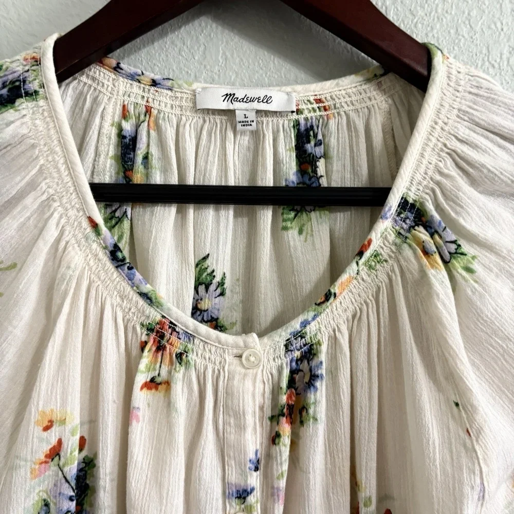 Madewell Floral Peasant Blouse Large Ivory Cotton Gauze Boho Cottagecore - Picture 3 of 9